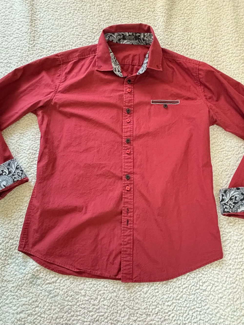 Men's Casual Red Button-Down Shirt with Paisley Accent